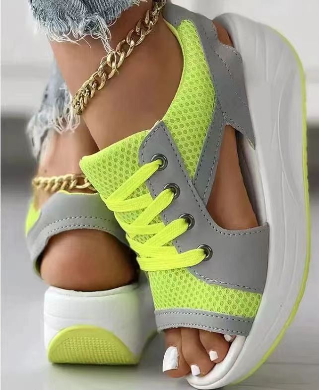 Summer Women Sandales Fashion Shoes Casual Flat Peep Toe Contrast Paneled Cutout Lace-up Muffin Sandals Platform Sport Sandalias eprolo