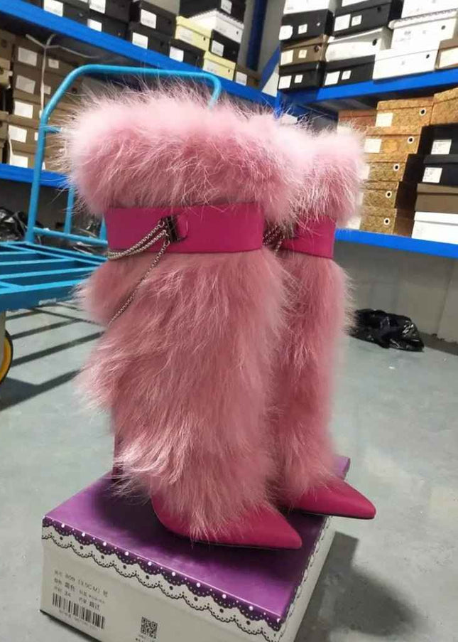 Pink Feather Pointed Toe Stiletto : Chain High Boots