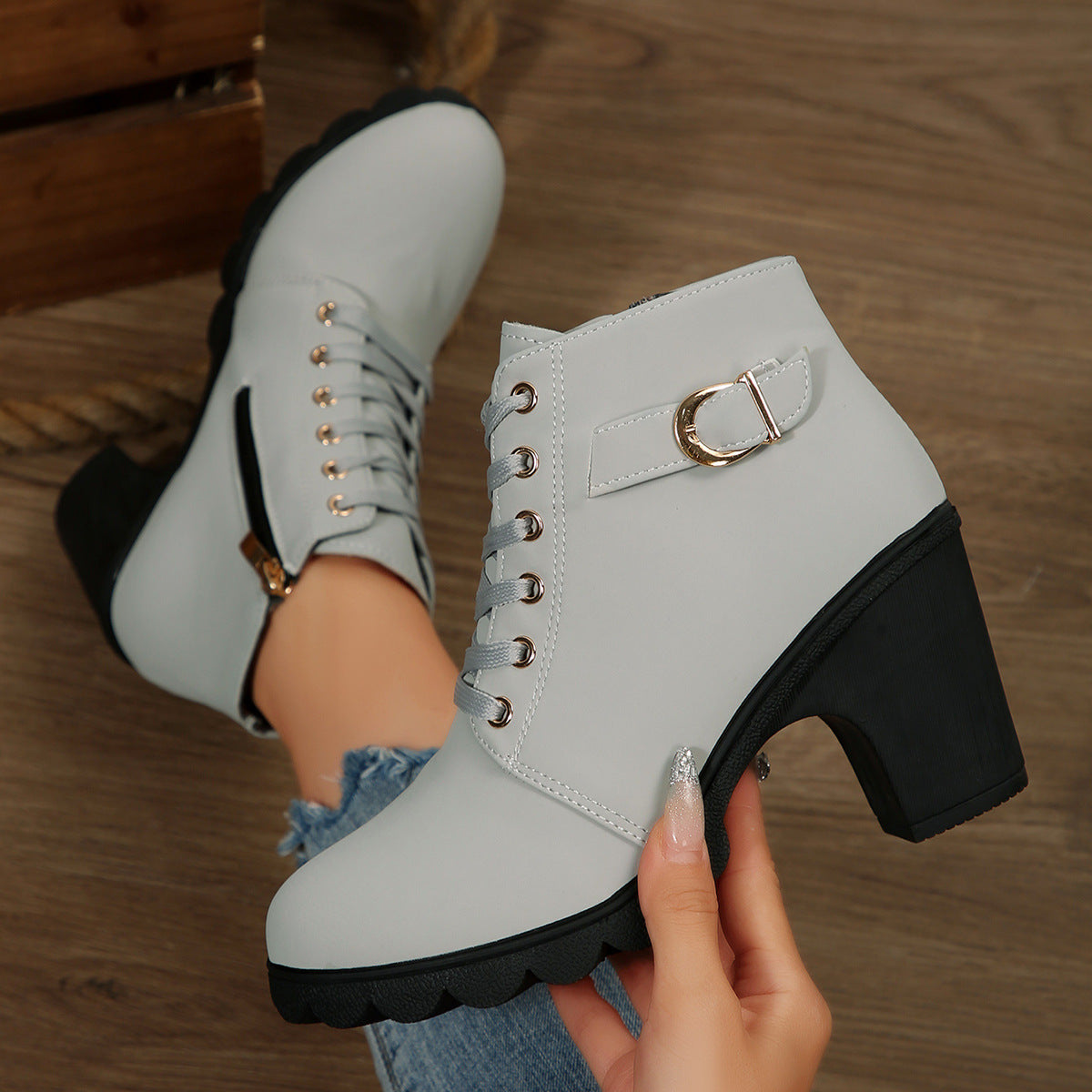 Womens Chunky Heel Leather Boots