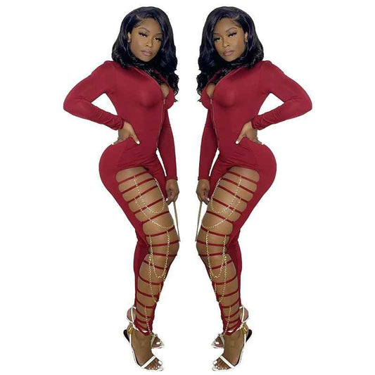 Red Front Long Sleeve Jumpsuit With Thigh Straps