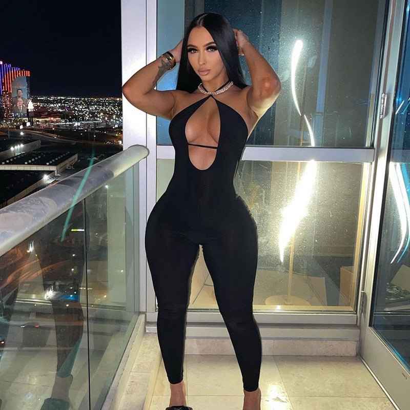 Sleeveless Halter Hollow Tight-Fitting Jumpsuit