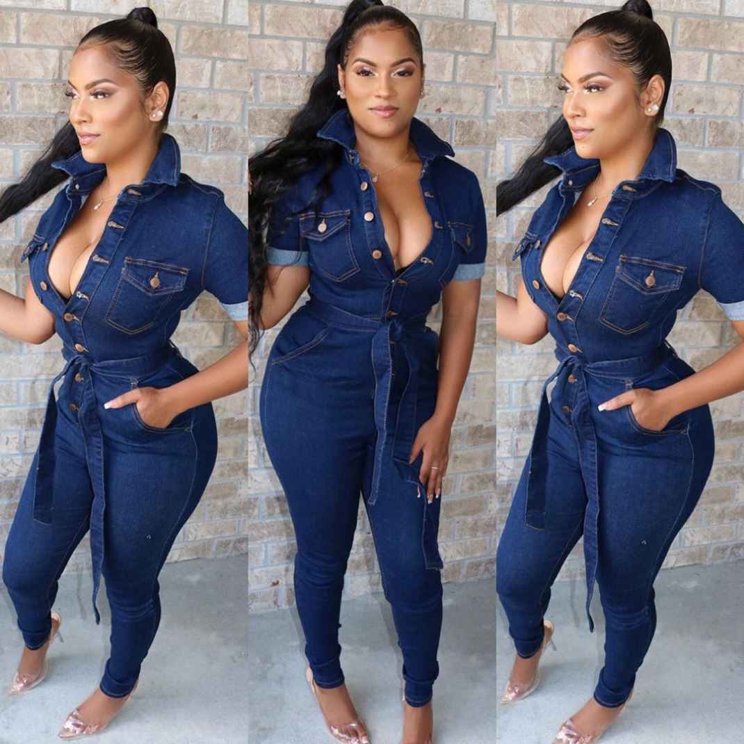 Collard Neckline: Denim Jumpsuit