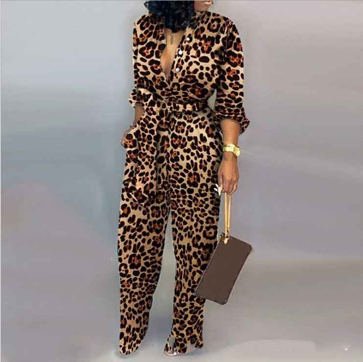 Printed Leopard Long Sleeve Jumpsuits For Plus Size Woman