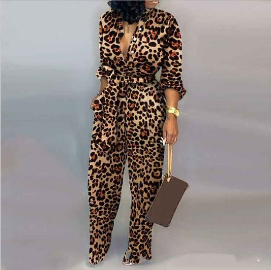 Printed Leopard Long Sleeve Jumpsuits For Plus Size Woman