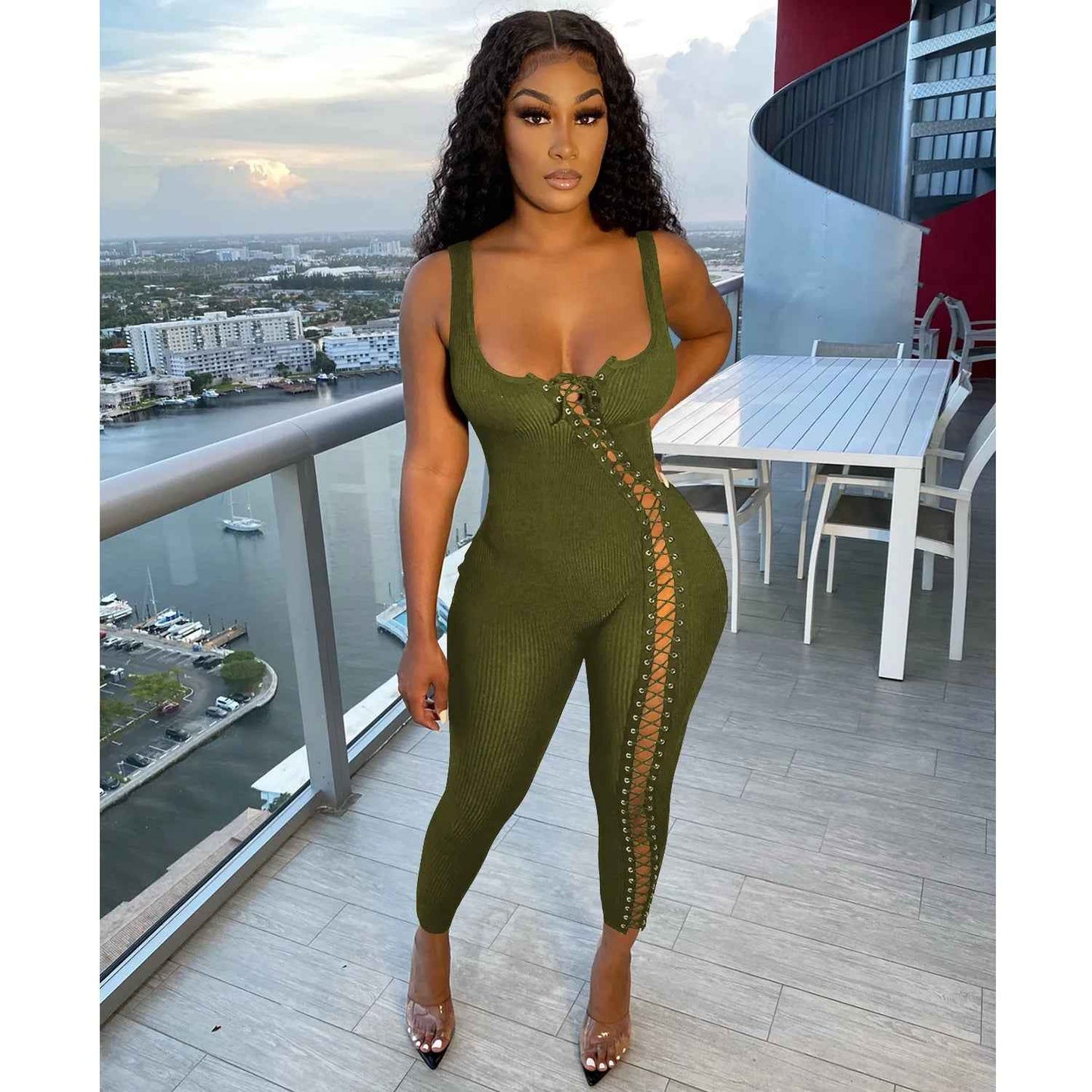 Olive Green Ribbed Lace-Up Twist Style Jumpsuit