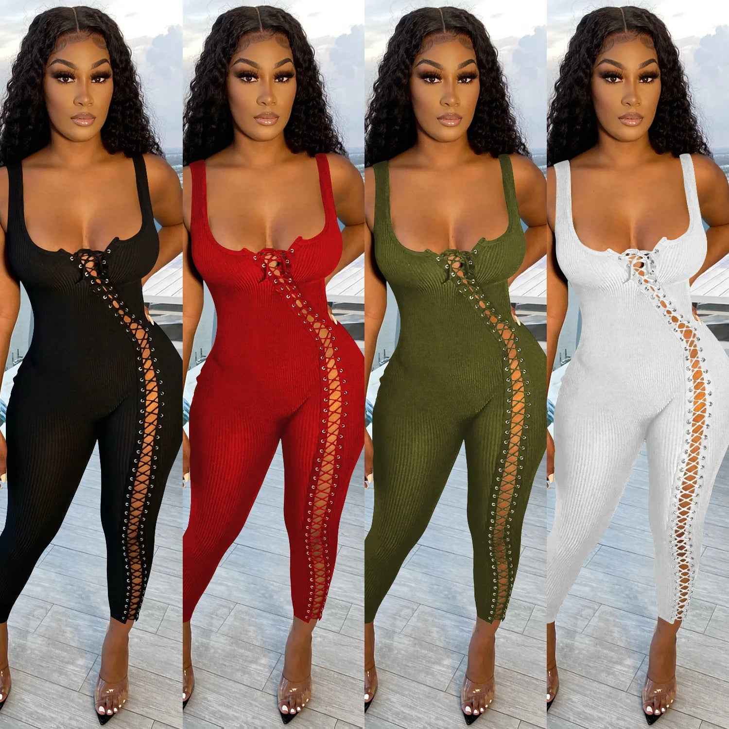 Olive Green Ribbed Lace-Up Twist Style Jumpsuit