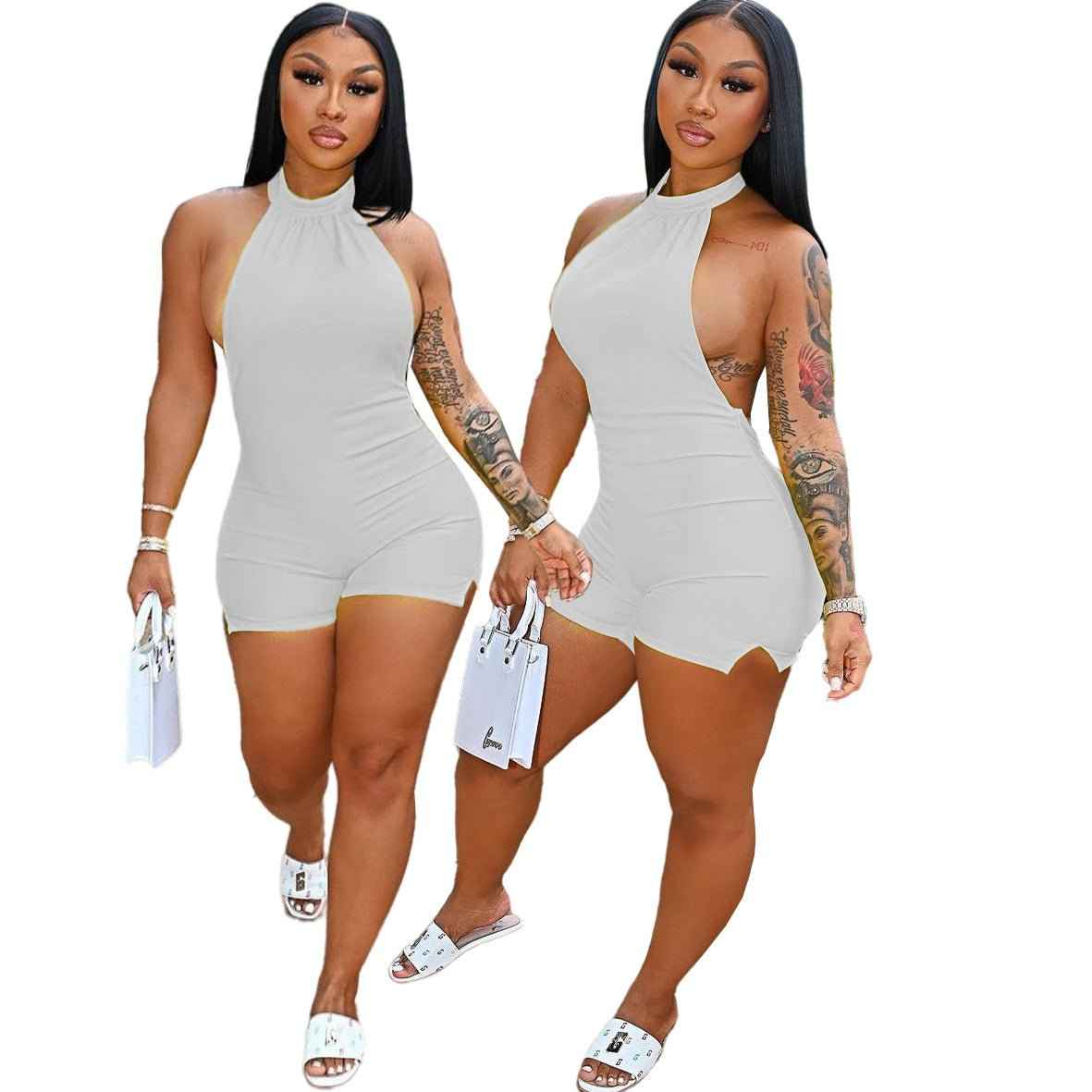 Sleeveless Shorts Halter Backless Jumpsuit