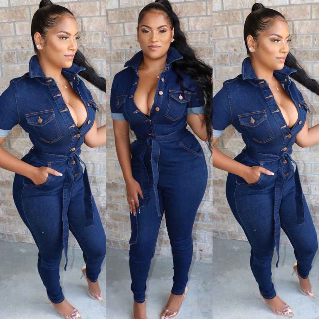 Collard Neckline: Denim Jumpsuit