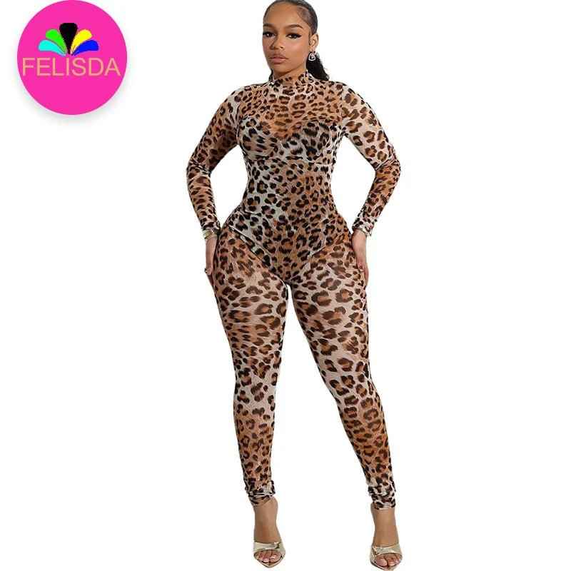See Through Leopard Jumpsuit With Skinny Stretch