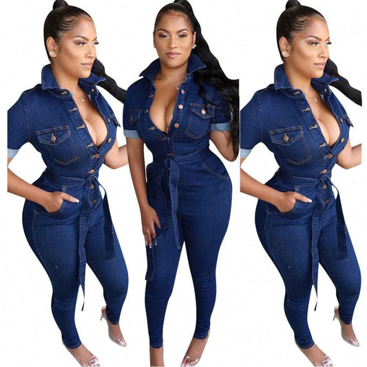 Collard Neckline: Denim Jumpsuit