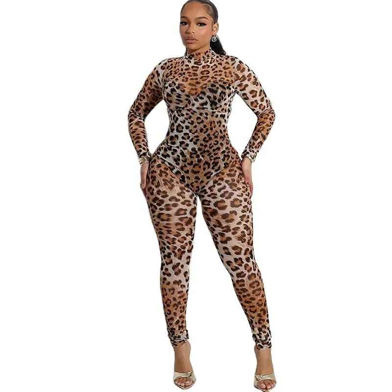 See Through Leopard Jumpsuit With Skinny Stretch