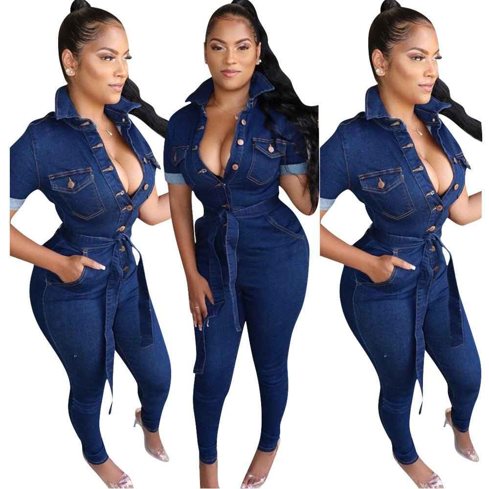 Collard Neckline: Denim Jumpsuit