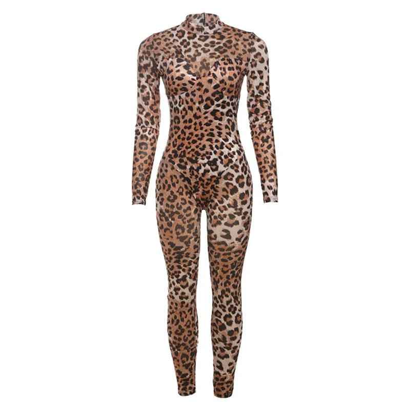 See Through Leopard Jumpsuit With Skinny Stretch