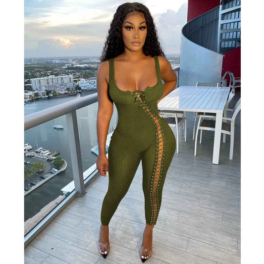 Olive Green Ribbed Lace-Up Twist Style Jumpsuit