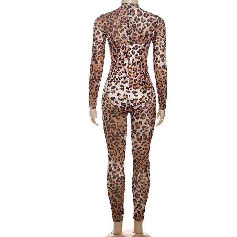 See Through Leopard Jumpsuit With Skinny Stretch