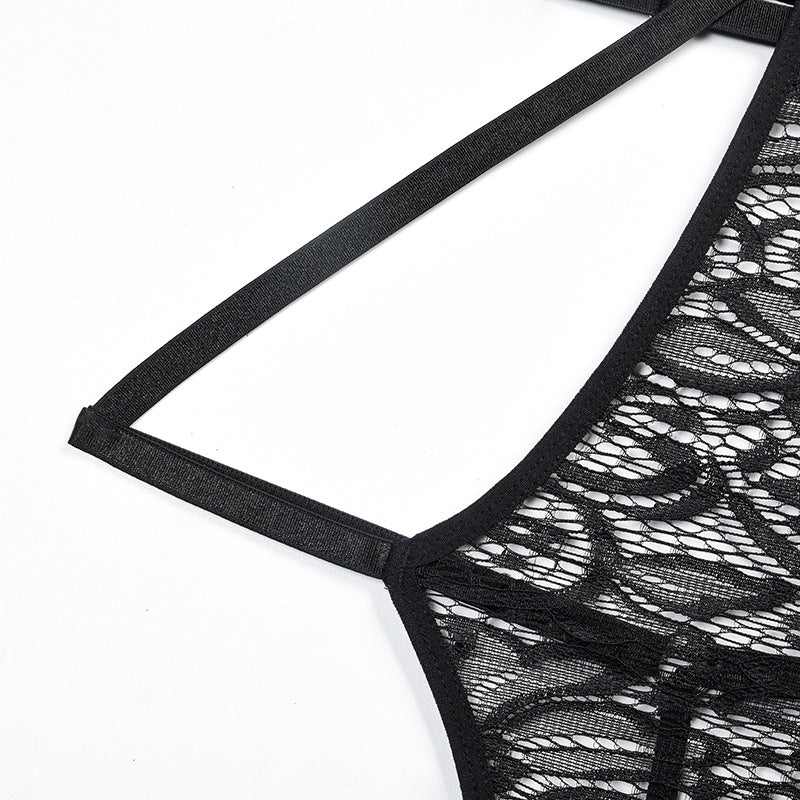 Lace Bodysuit with Multi-Strap Chest Ring and Hollow Design Waist Details