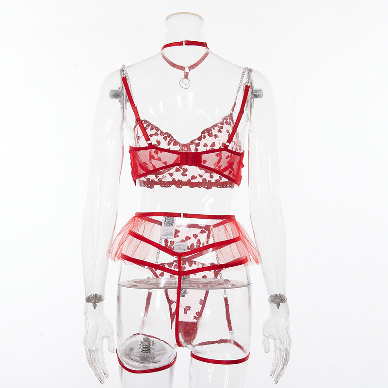 Pink Lace Embroidery Sexy Lingerie Set-All Set View