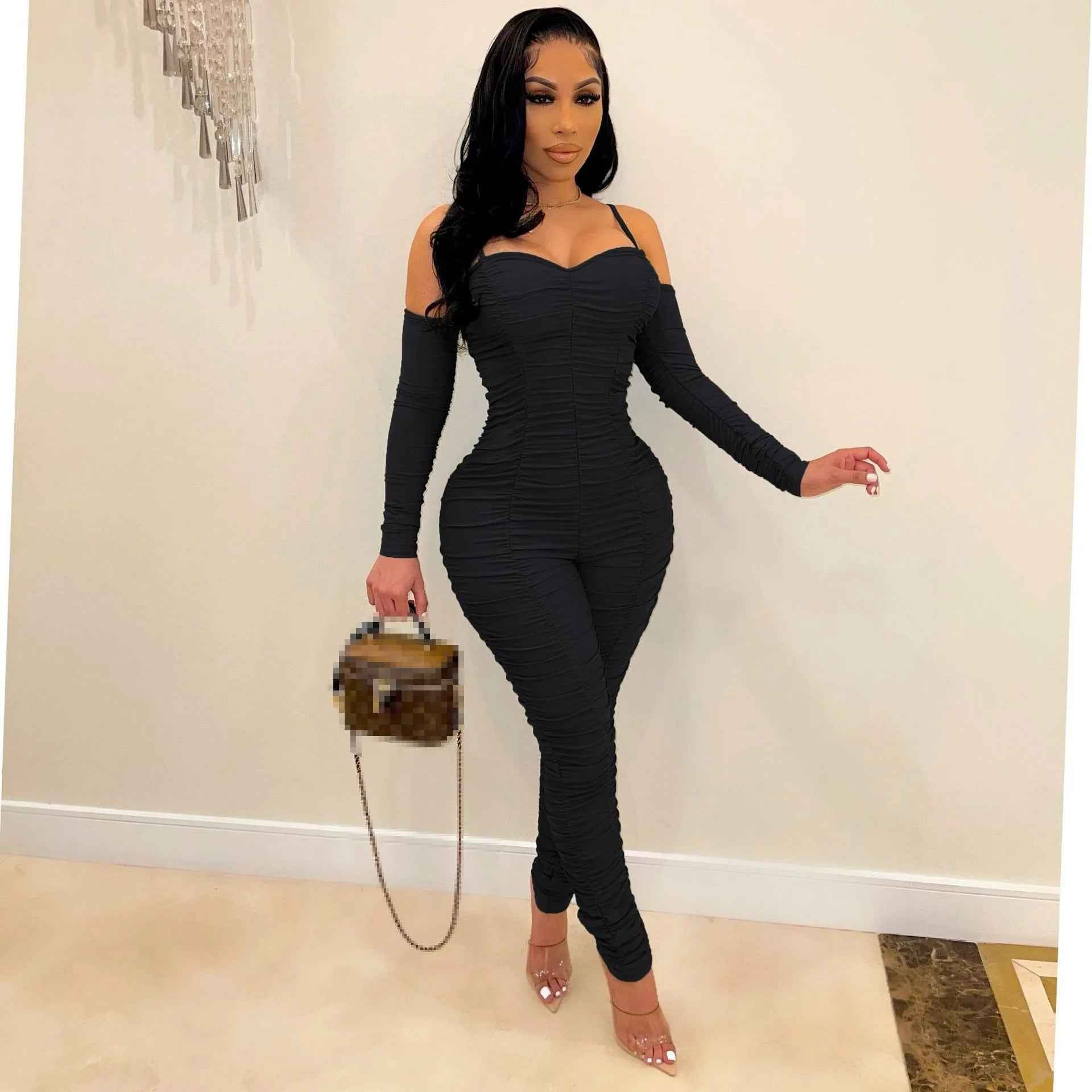 Ruched: Long Sleeve Form Fitted Jumpsuit