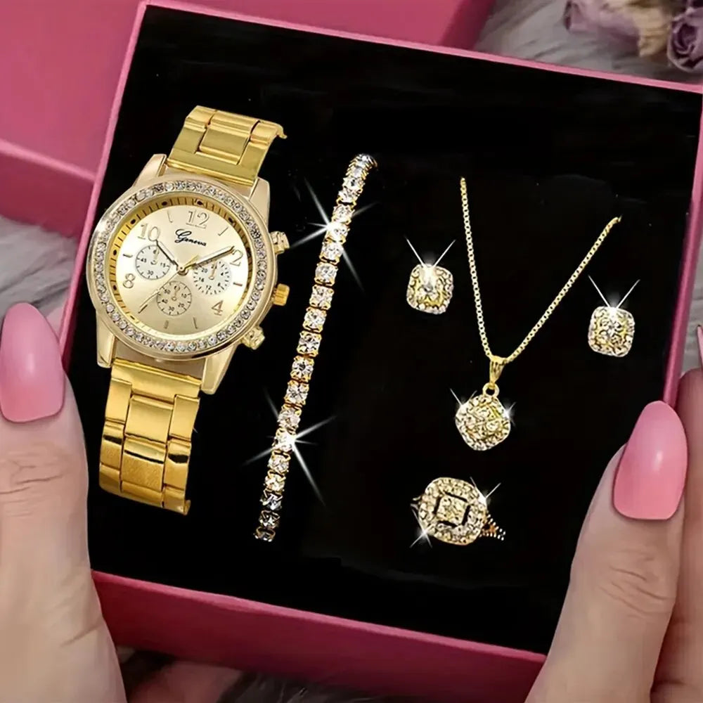 Women’s Luxury Gold Watch Jewelry Set (5PCS)