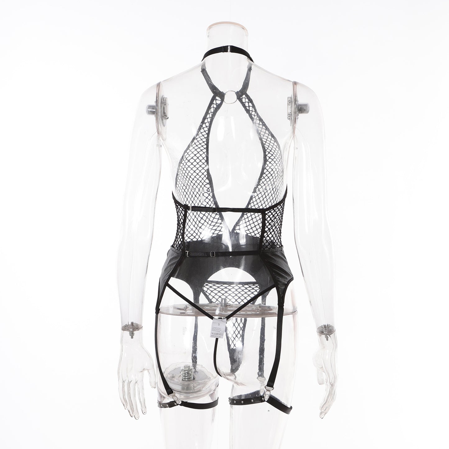 Wholesale Garter Bustier with Halter Neck and Fishnet Design Back View