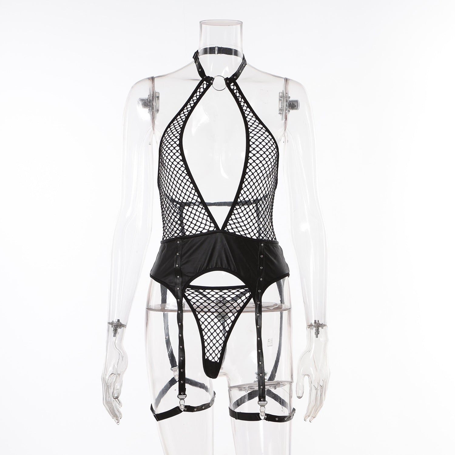 Wholesale Garter Bustier with Halter Neck and Fishnet Design Front View