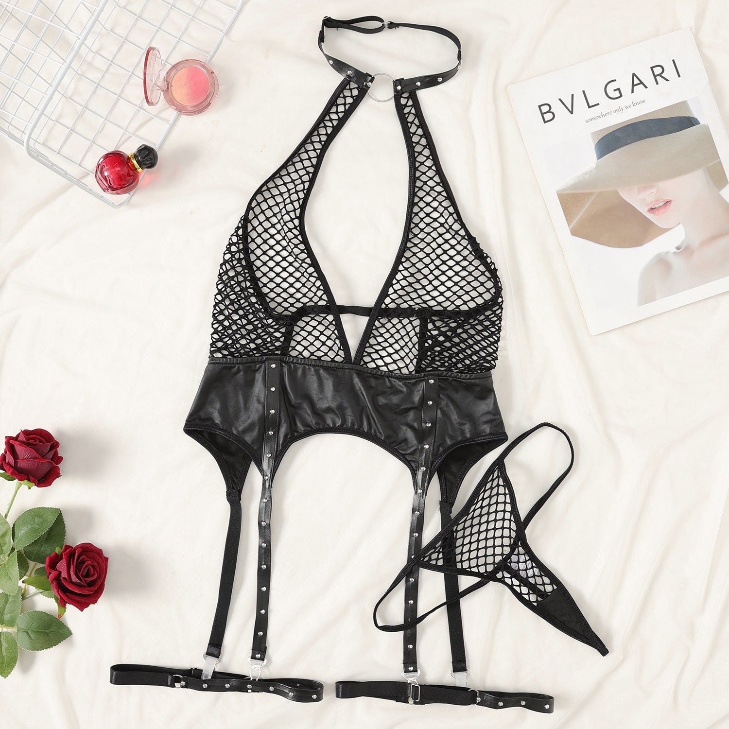 Wholesale Garter Bustier with Halter Neck and Fishnet Design Over View