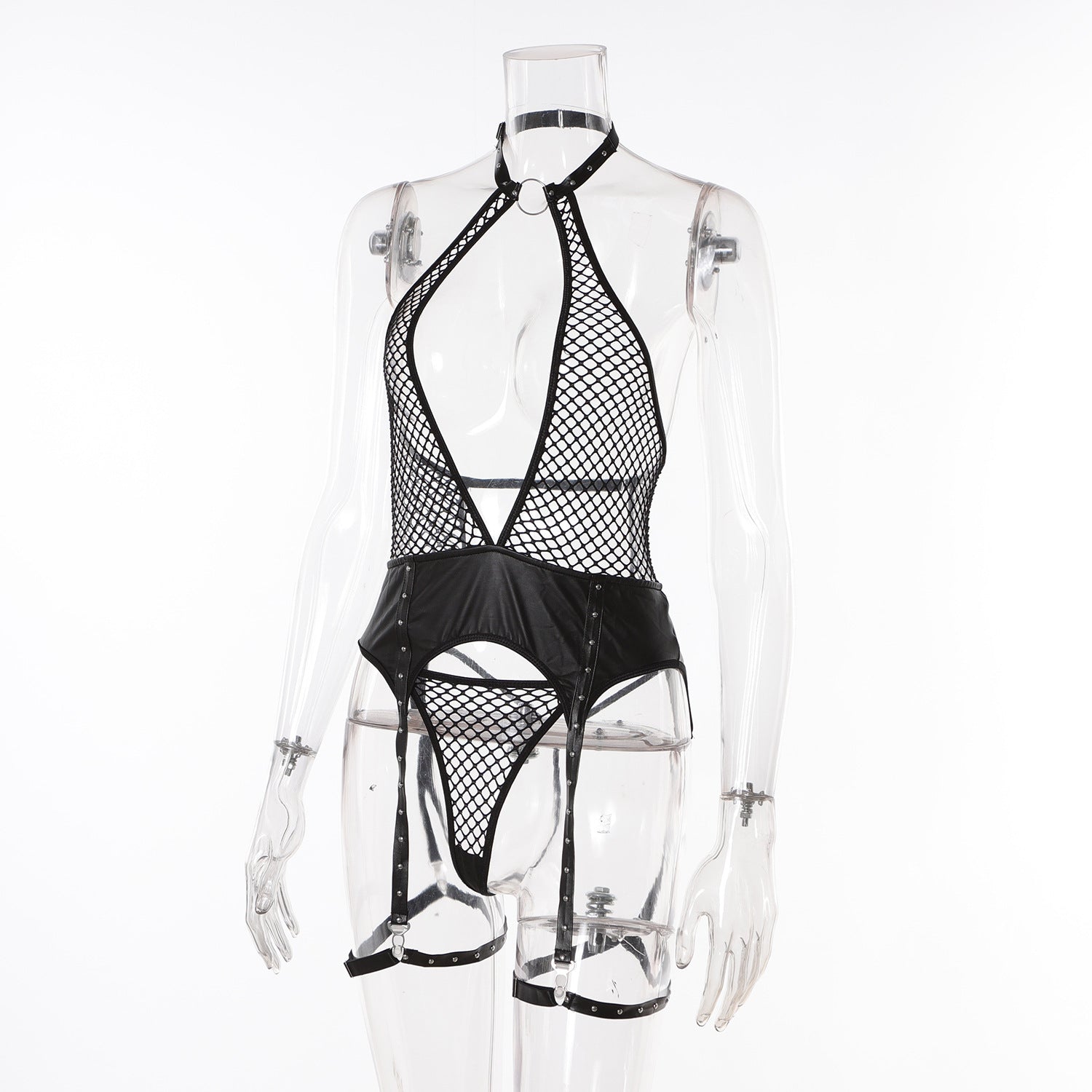 Wholesale Garter Bustier with Halter Neck and Fishnet Design Side View