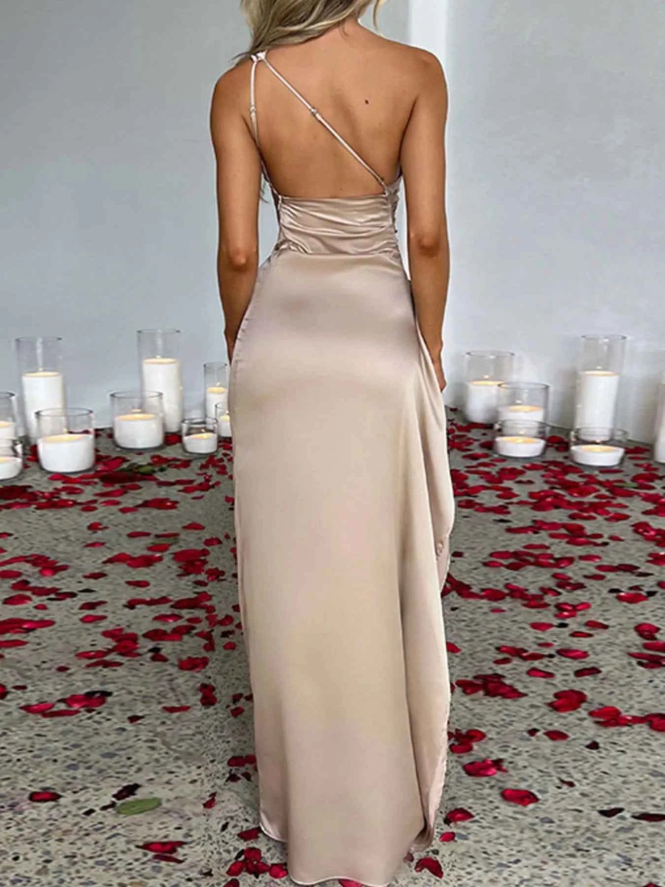 One Shoulder Satin Dress : High Slit