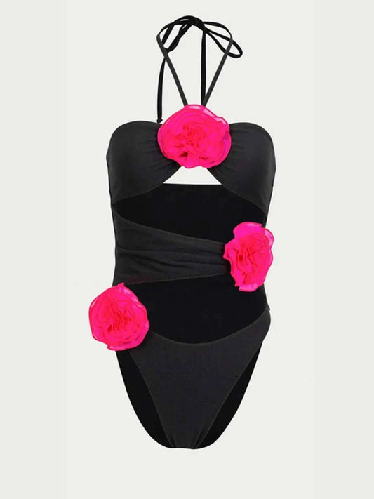 Flower Cutout Halter : Neck One-Piece Swimwear