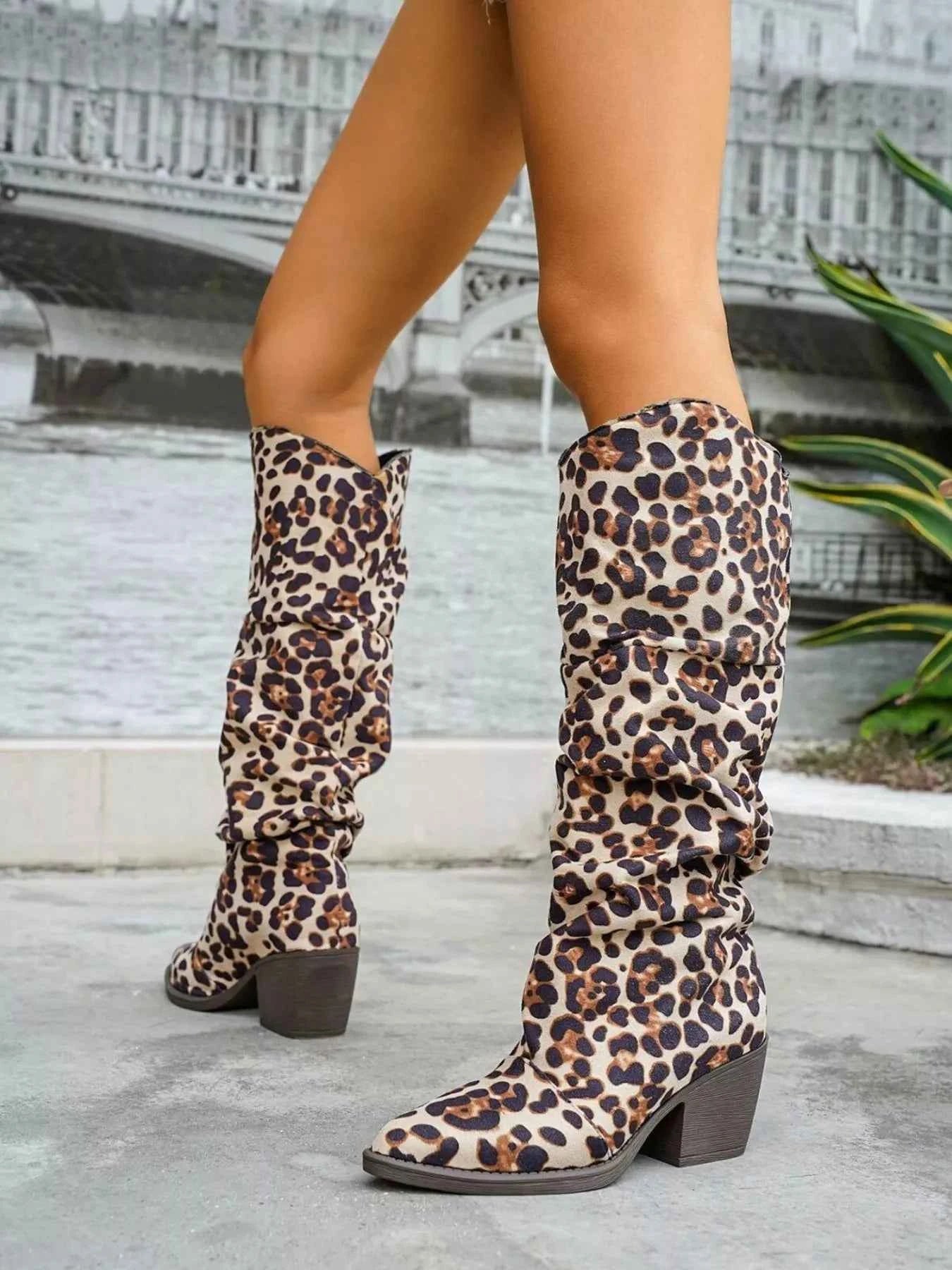 Cowboy Leopard Point Toe : Block Heels Boots