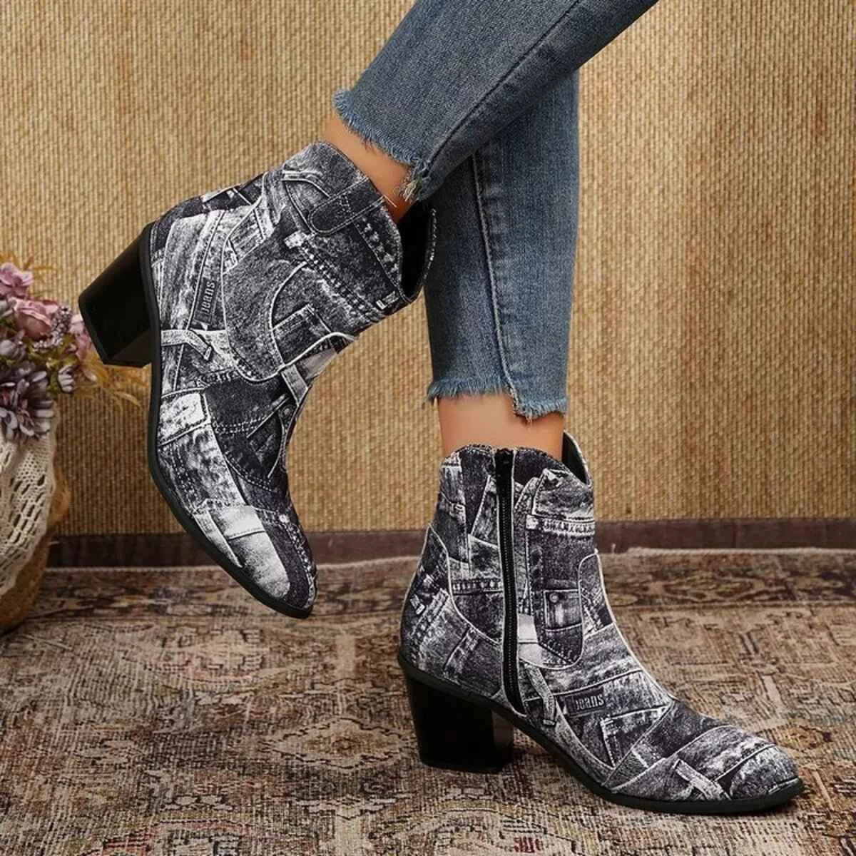 Demin Print : Point Toe Block Ankle Boots