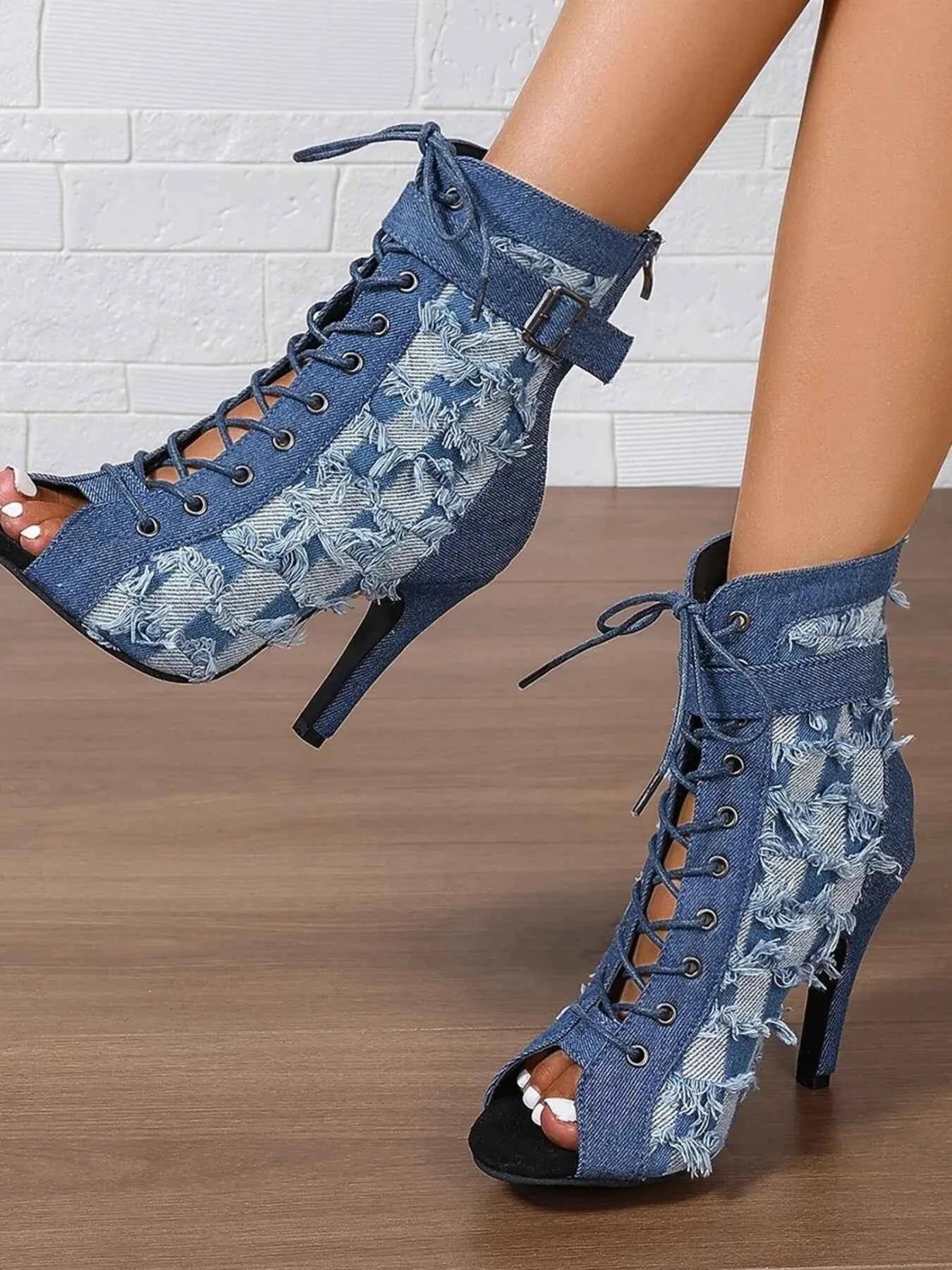 Distressed Denim Lace-Up Peep Toe Ankle Boots