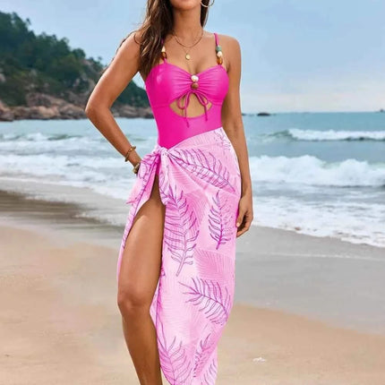 Cutout Sweetheart One-Piece Swimwear and Cover-Up Swim Set Hot Pink