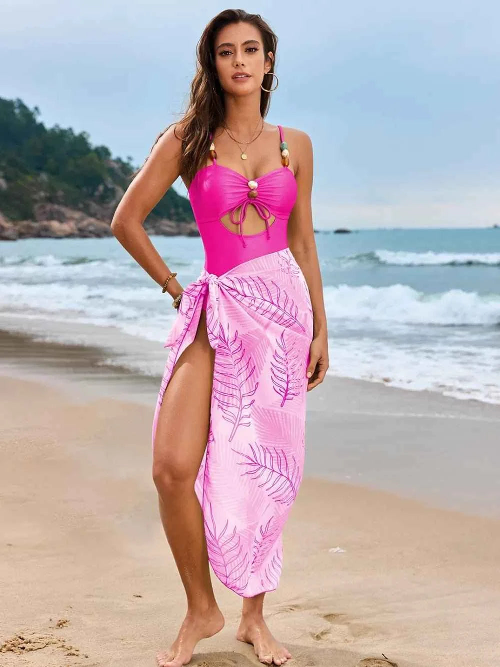 Cutout Sweetheart Neck One-Piece Swimwear and Cover-Up Swim Set