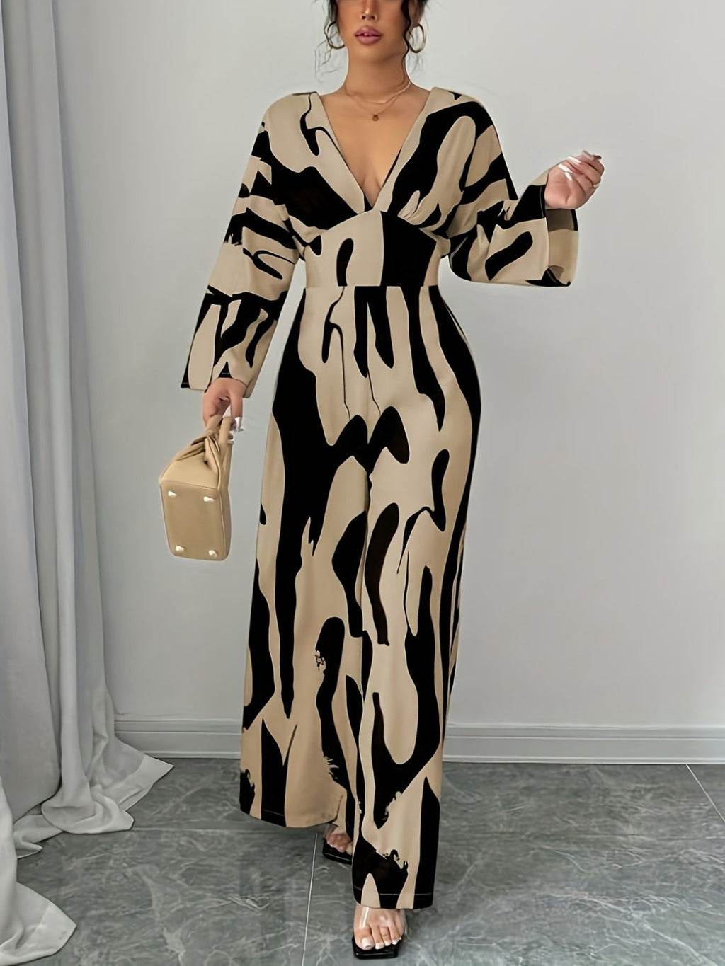 Abstract Print V-Neck Wide Leg Jumpsuit - ꫀꪶꫀᧁꪖꪀᥴꫀ꠸ᠻꪗ~ 𝔈𝔪𝔟𝔯𝔞𝔠𝔢 𝔈𝔩𝔢𝔤𝔞𝔫𝔠𝔢