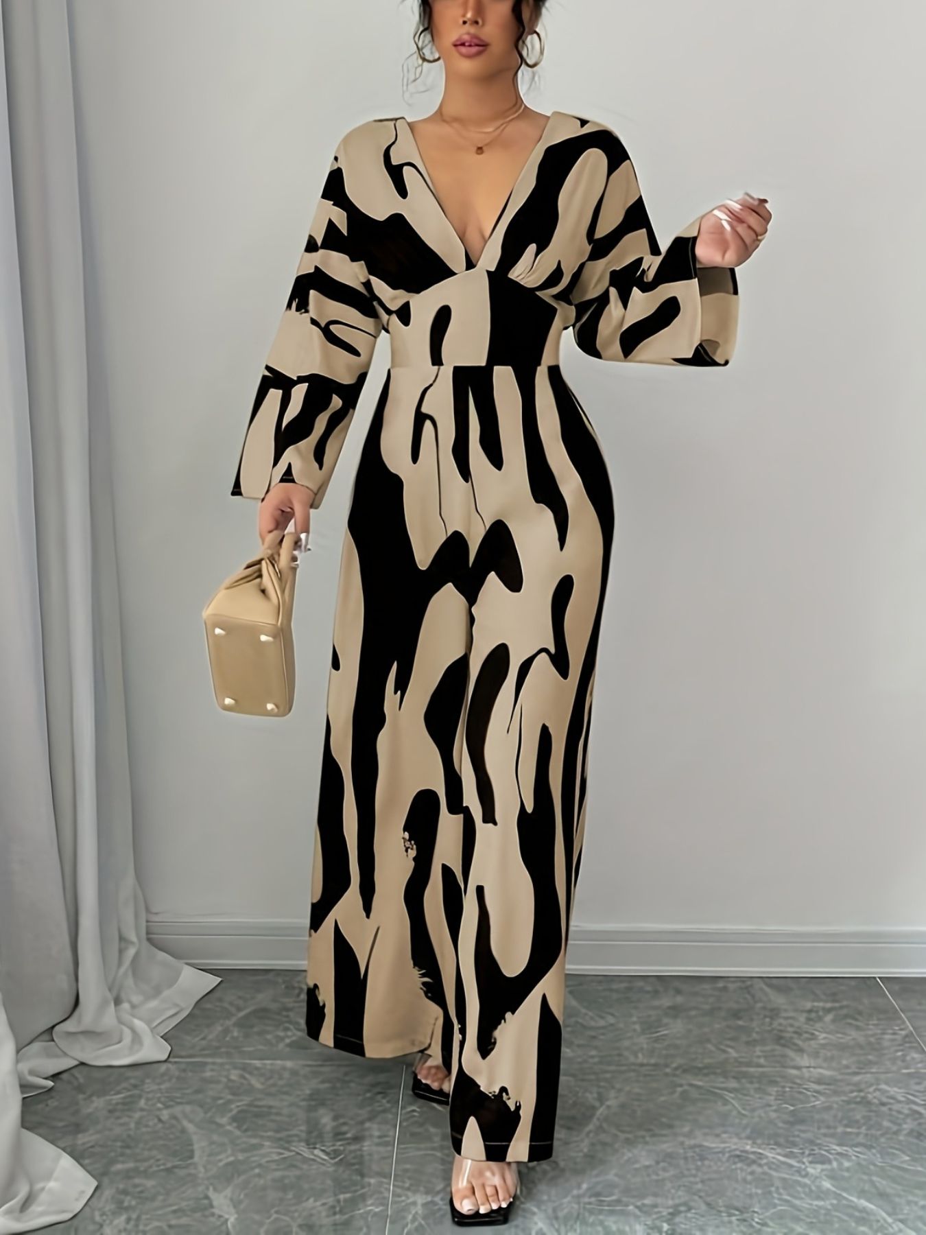 Abstract Print V-Neck Wide Leg Jumpsuit - ꫀꪶꫀᧁꪖꪀᥴꫀ꠸ᠻꪗ~ 𝔈𝔪𝔟𝔯𝔞𝔠𝔢 𝔈𝔩𝔢𝔤𝔞𝔫𝔠𝔢