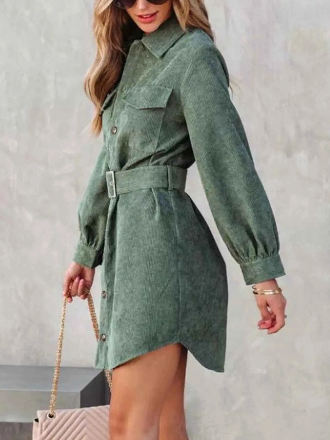 Stylish Button Front Belt Long Sleeve : Corduroy Dress