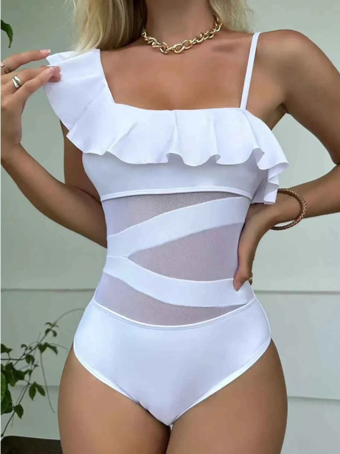 White Asymmetrical Ruffled : One-Piece Swimwear