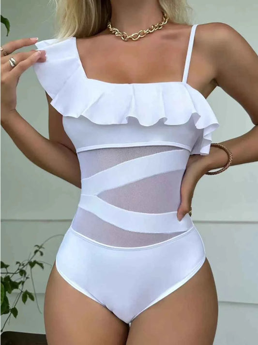 White Asymmetrical Ruffled : One-Piece Swimwear
