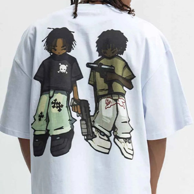 Men's Cartoon Round Neck Half Sleeve T-Shirt White