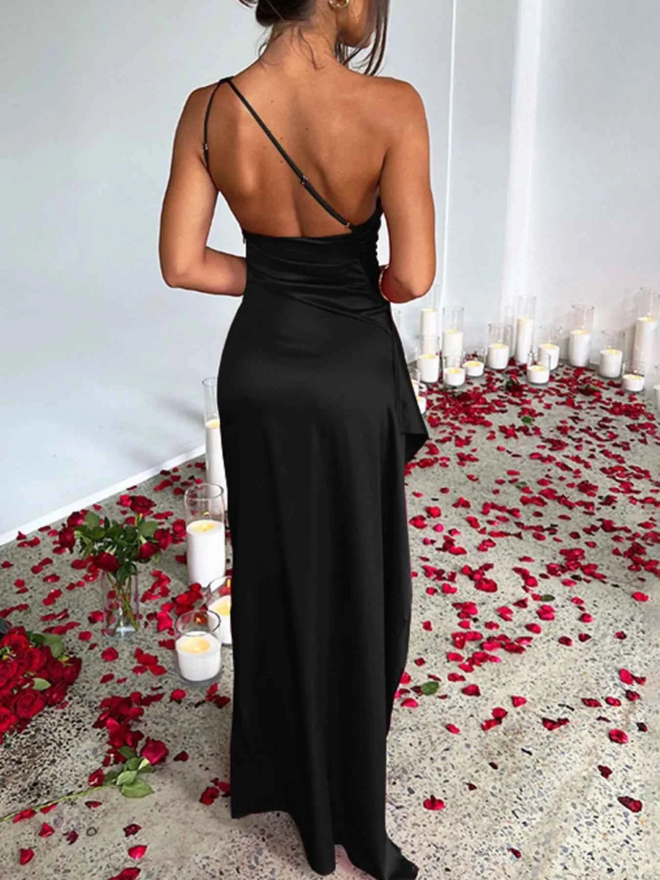 One Shoulder Satin Dress : High Slit
