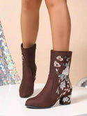 Floral Embroidered : Block Heel Boots