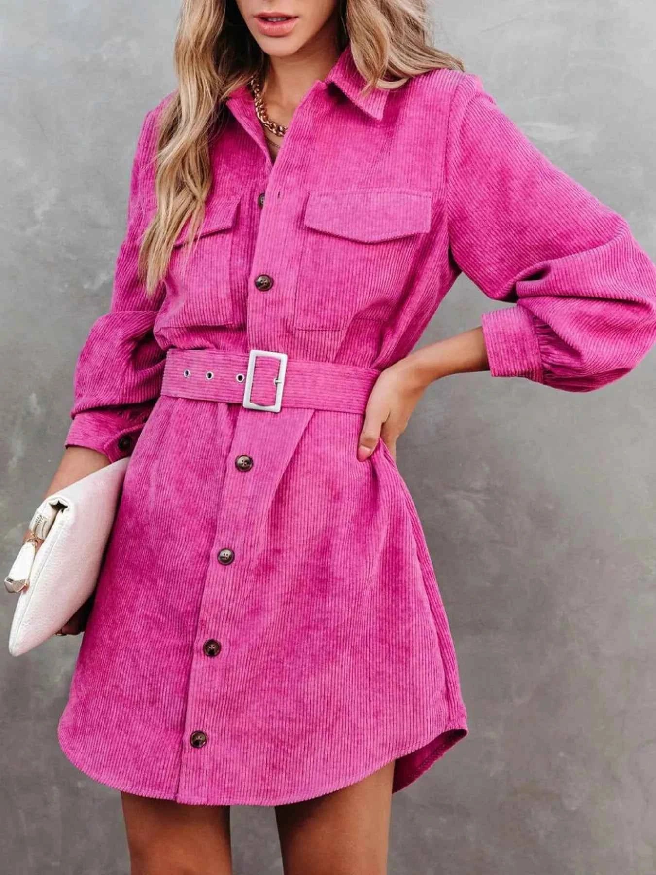 Stylish Button Front Belt Long Sleeve : Corduroy Dress