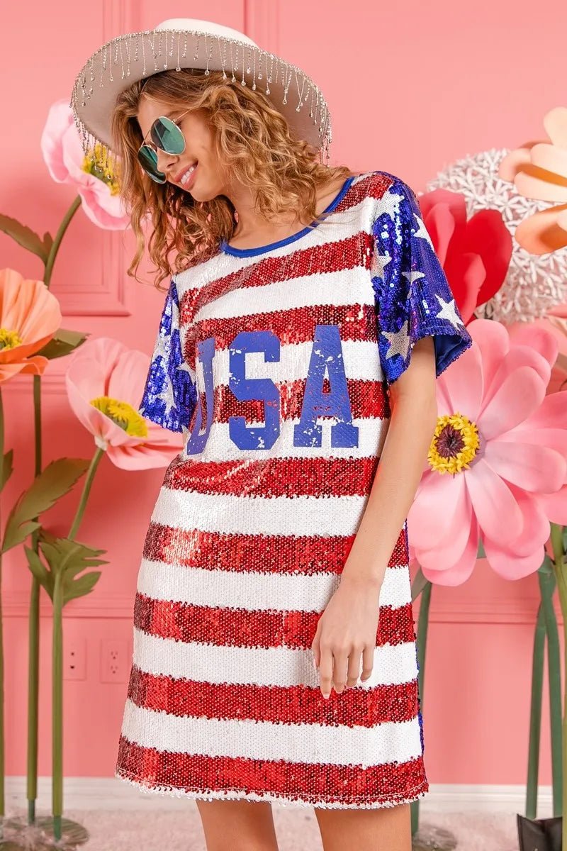 American Flag Theme USA Print Sequin Dress - ꫀꪶꫀᧁꪖꪀᥴꫀ꠸ᠻꪗ~ 𝔈𝔪𝔟𝔯𝔞𝔠𝔢 𝔈𝔩𝔢𝔤𝔞𝔫𝔠𝔢