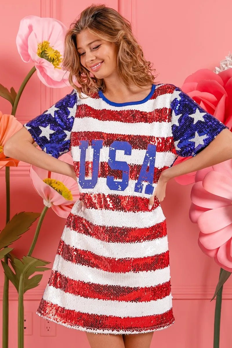 American Flag Theme USA Print Sequin Dress - ꫀꪶꫀᧁꪖꪀᥴꫀ꠸ᠻꪗ~ 𝔈𝔪𝔟𝔯𝔞𝔠𝔢 𝔈𝔩𝔢𝔤𝔞𝔫𝔠𝔢