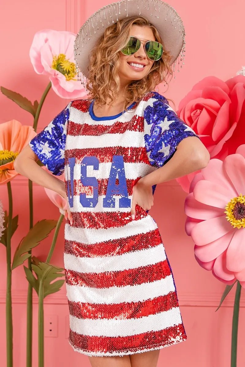 American Flag Theme USA Print Sequin Dress - ꫀꪶꫀᧁꪖꪀᥴꫀ꠸ᠻꪗ~ 𝔈𝔪𝔟𝔯𝔞𝔠𝔢 𝔈𝔩𝔢𝔤𝔞𝔫𝔠𝔢