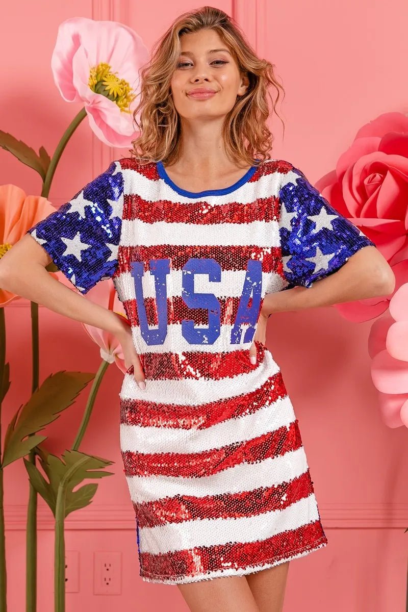 American Flag Theme USA Print Sequin Dress - ꫀꪶꫀᧁꪖꪀᥴꫀ꠸ᠻꪗ~ 𝔈𝔪𝔟𝔯𝔞𝔠𝔢 𝔈𝔩𝔢𝔤𝔞𝔫𝔠𝔢