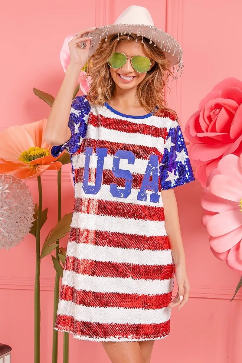 American Flag Theme USA Print Sequin Dress - ꫀꪶꫀᧁꪖꪀᥴꫀ꠸ᠻꪗ~ 𝔈𝔪𝔟𝔯𝔞𝔠𝔢 𝔈𝔩𝔢𝔤𝔞𝔫𝔠𝔢
