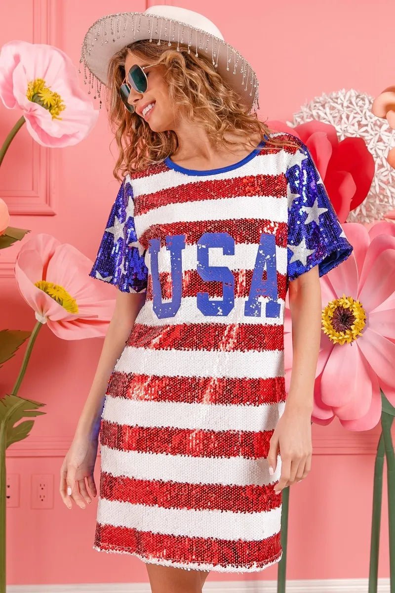 American Flag Theme USA Print Sequin Dress - ꫀꪶꫀᧁꪖꪀᥴꫀ꠸ᠻꪗ~ 𝔈𝔪𝔟𝔯𝔞𝔠𝔢 𝔈𝔩𝔢𝔤𝔞𝔫𝔠𝔢