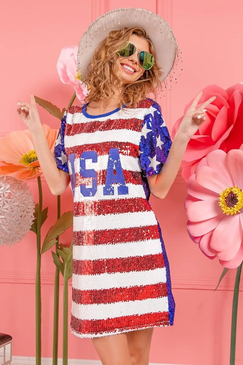 American Flag Theme USA Print Sequin Dress - ꫀꪶꫀᧁꪖꪀᥴꫀ꠸ᠻꪗ~ 𝔈𝔪𝔟𝔯𝔞𝔠𝔢 𝔈𝔩𝔢𝔤𝔞𝔫𝔠𝔢